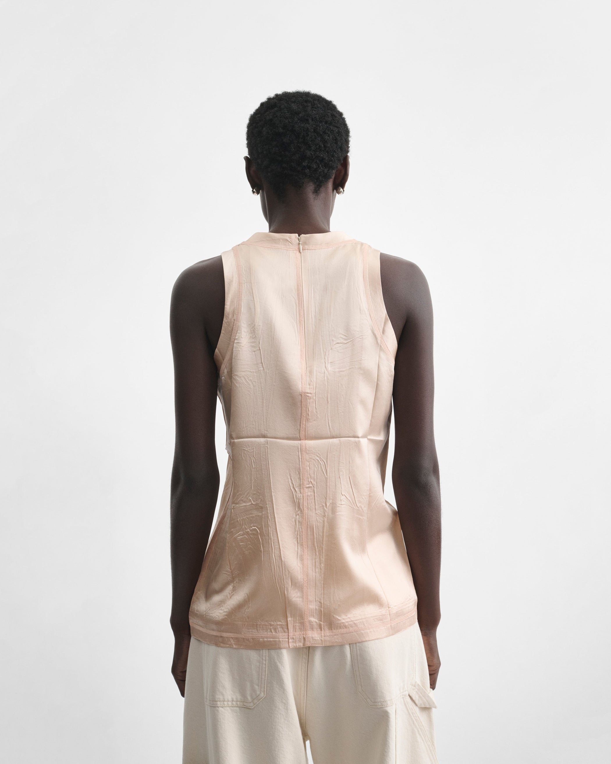 View of LIQUID VEST in blush silk