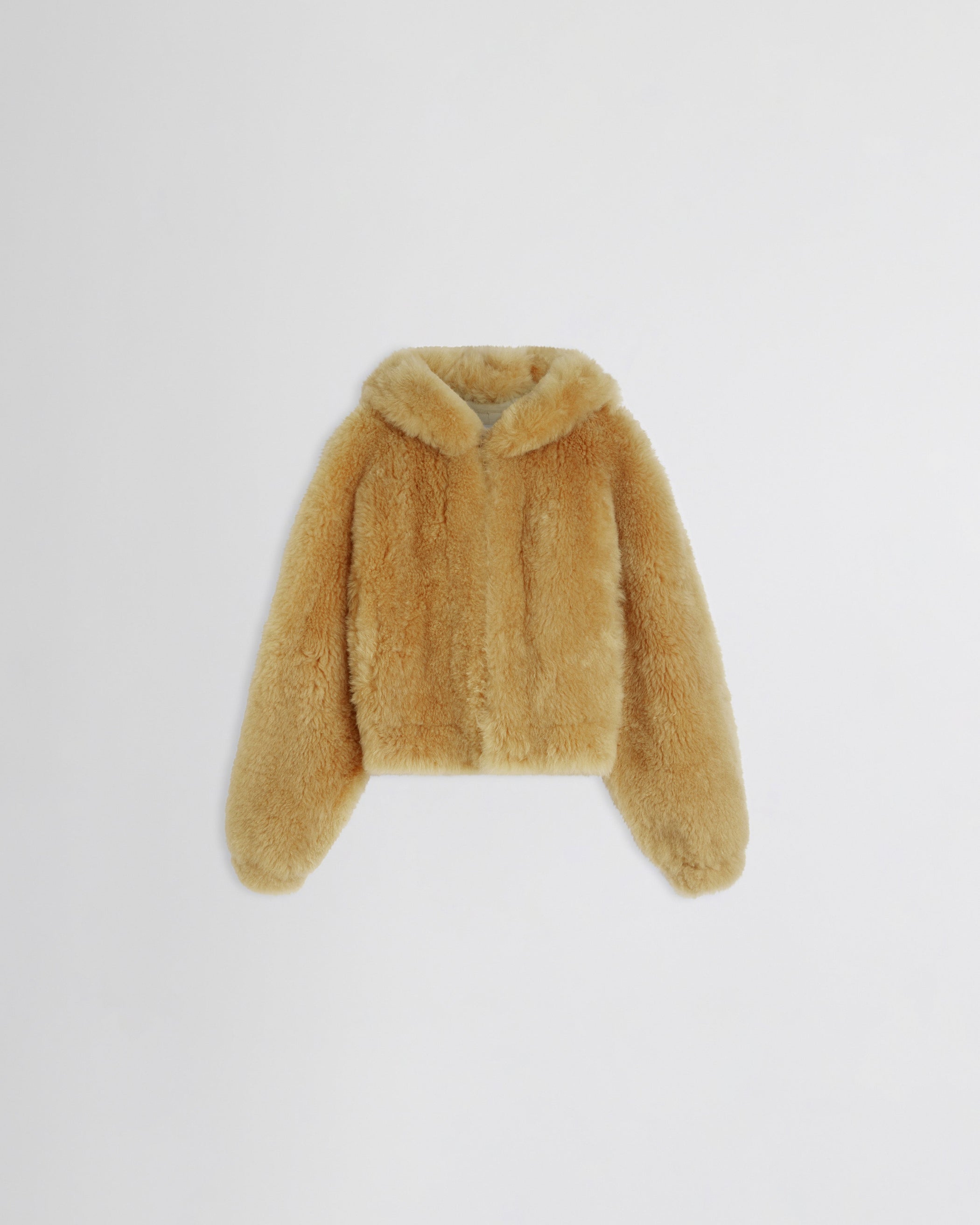 Flat front view of SUPER TEDDY HOODIE in honeycomb shearling