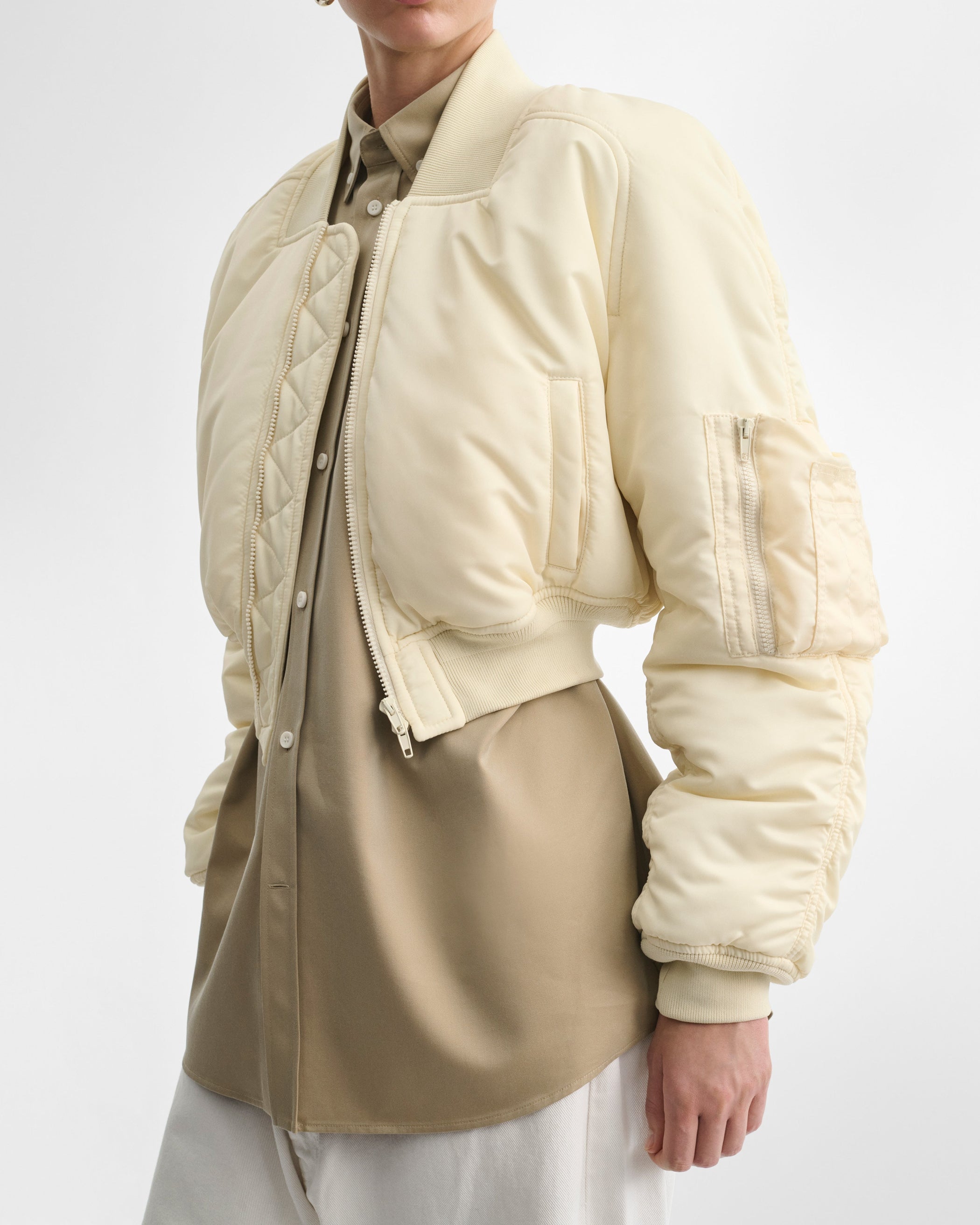 View of SHRUNK BOMBER in cream polyester