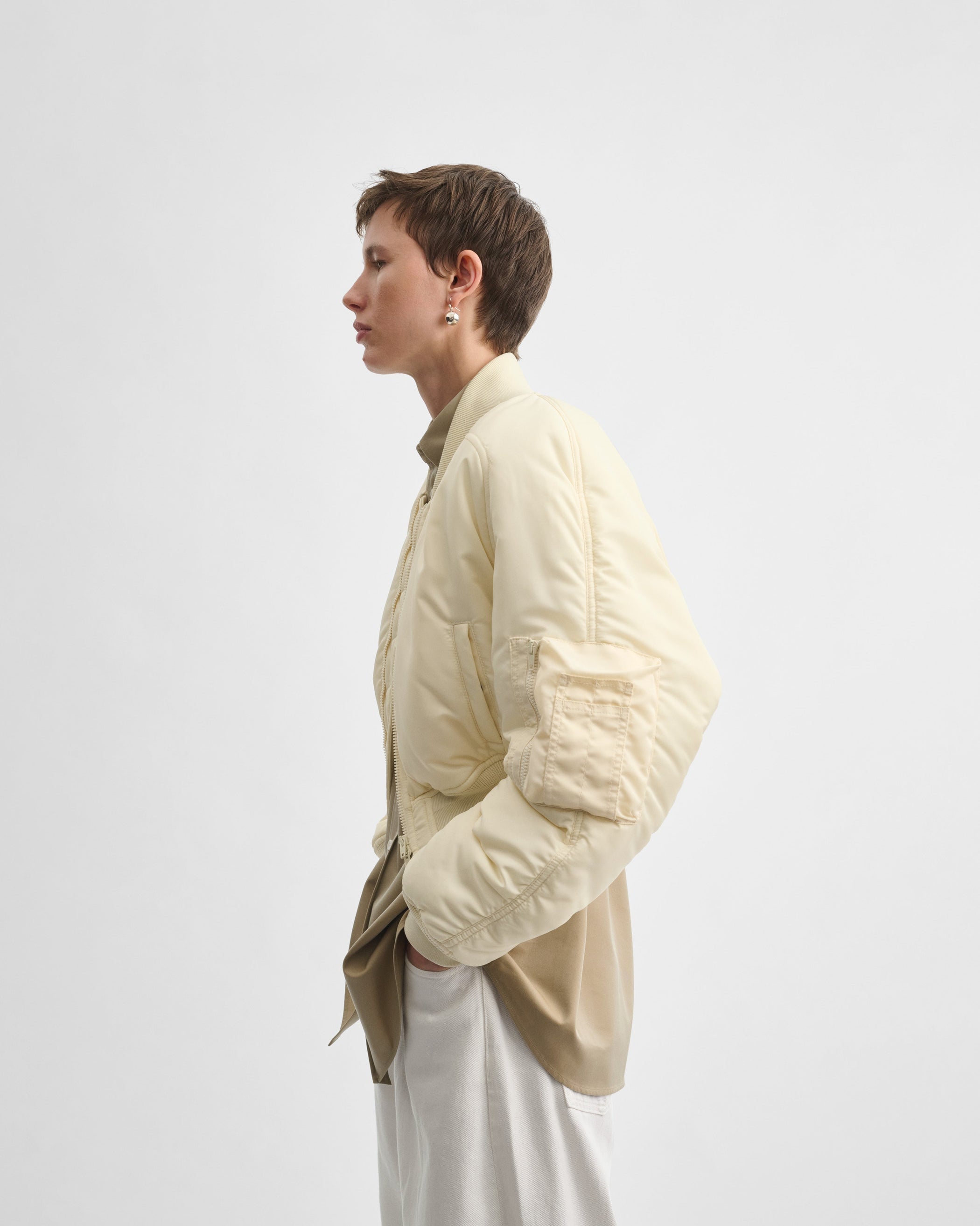 View of SHRUNK BOMBER in cream polyester