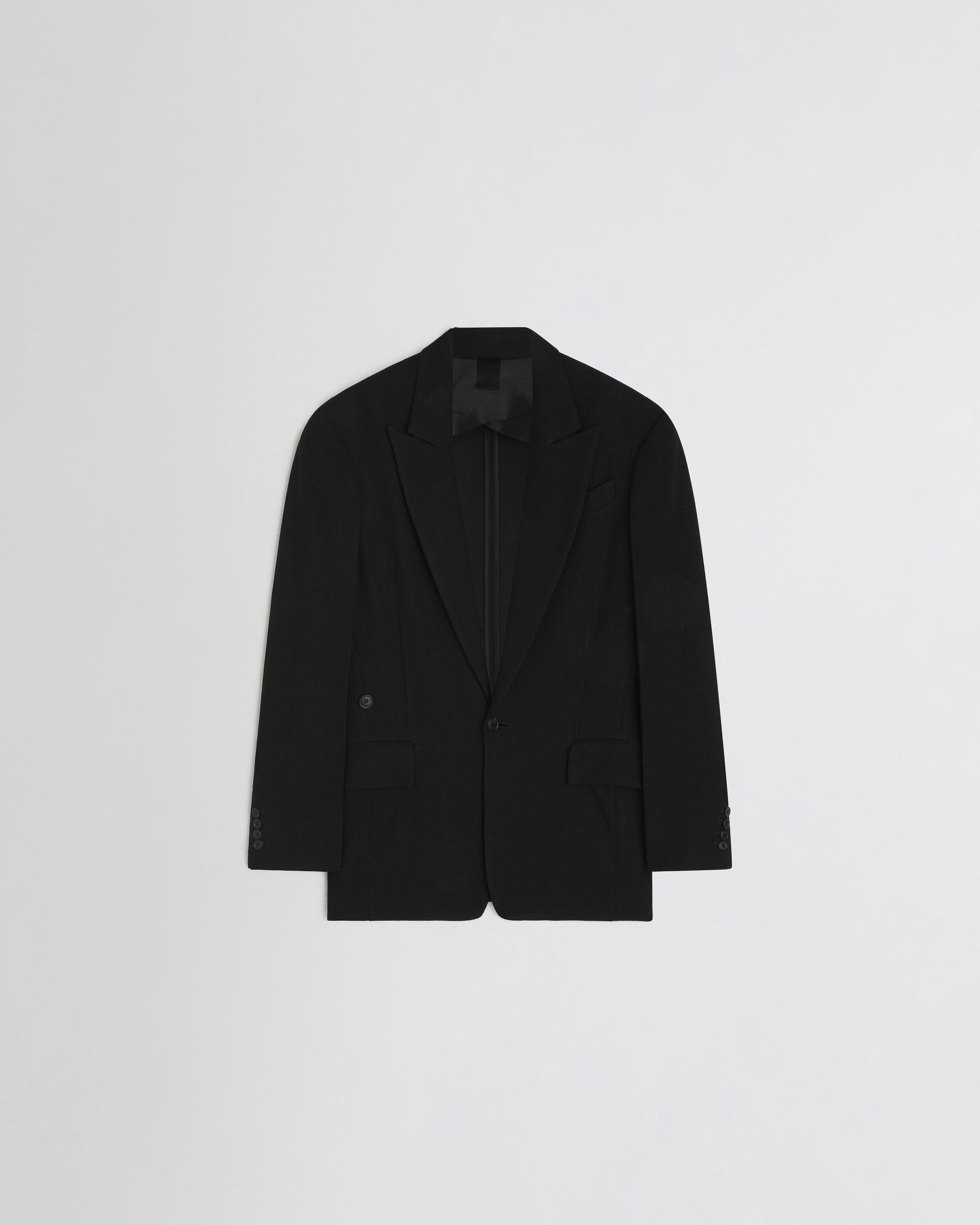 Flat front view of CINCHED TAILORED JACKET in black woven viscose
