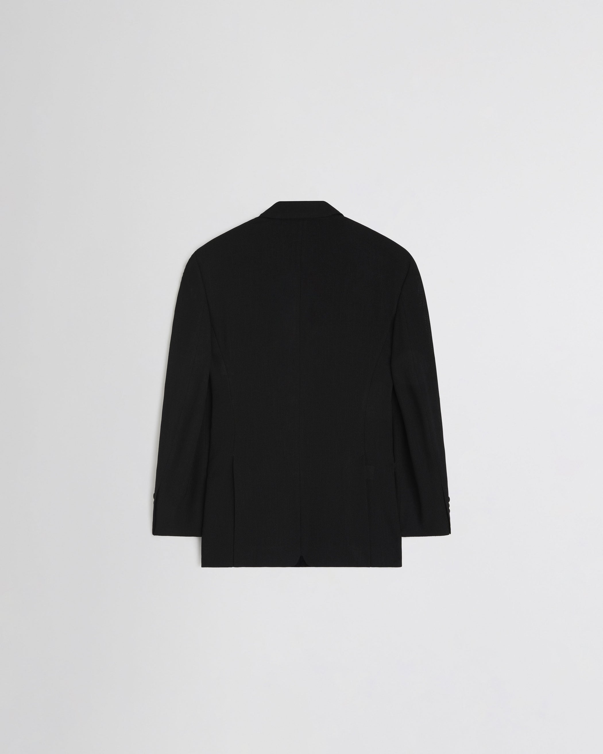 Flat back view of CINCHED TAILORED JACKET in black woven viscose